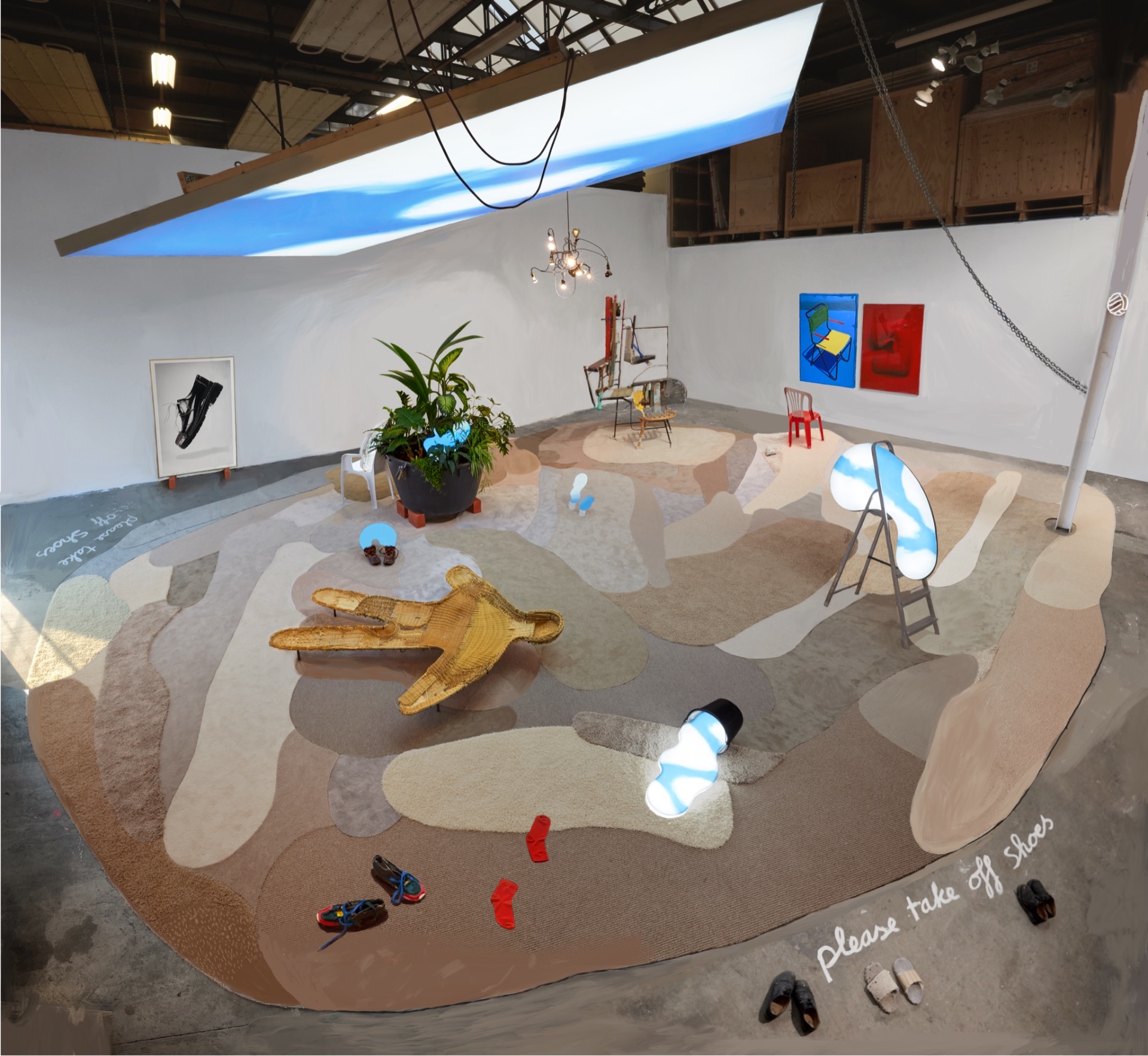 Please take of your shoes — 2017 — Installation at Dutch Design Week displaying various works on a large carpet made from leftover materials from Desso production. — Eindhoven — by Sander Wassink — photo Sander Wassink