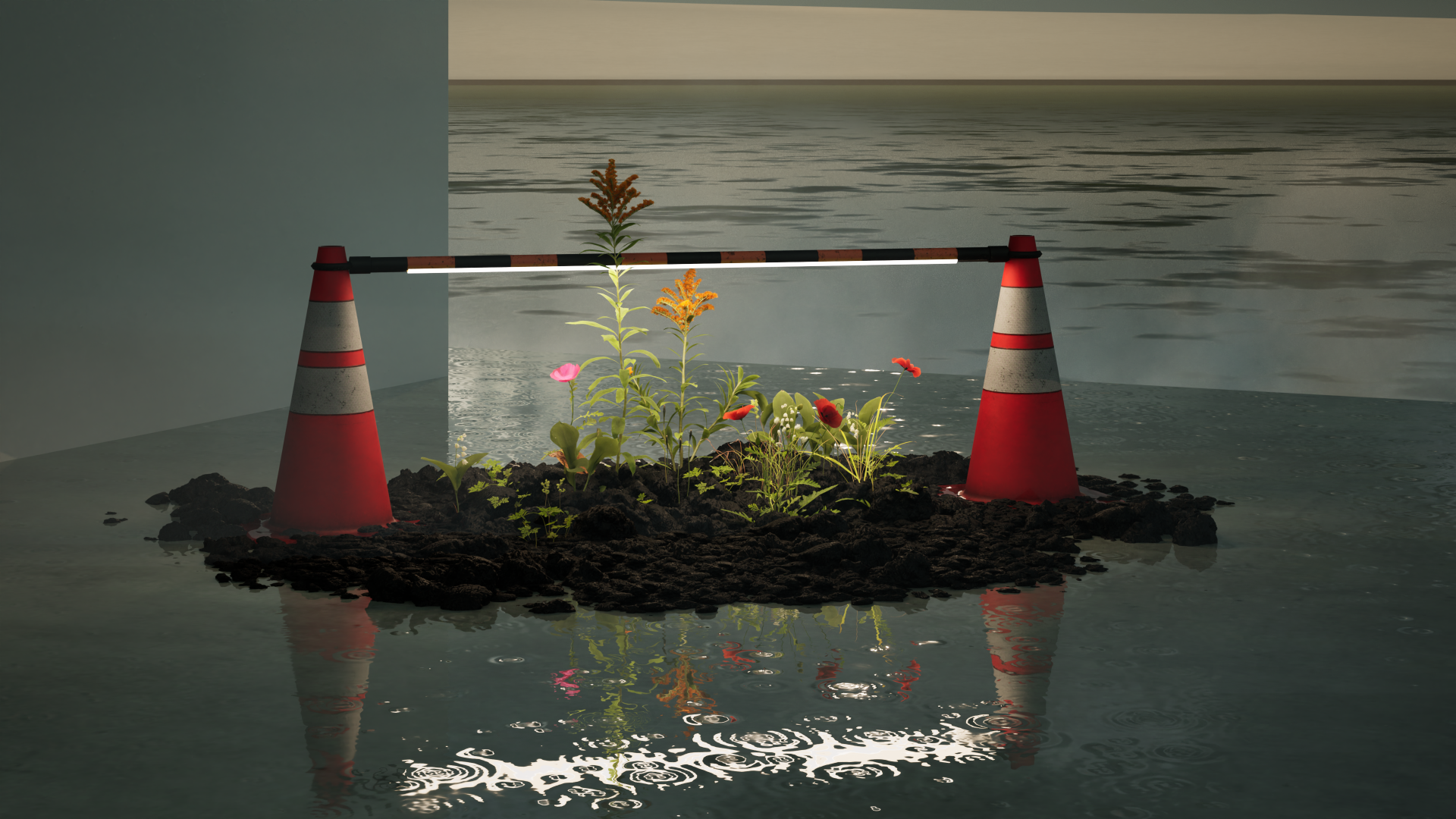 Garden — 2024 — digital representation of weeds from the city of tokyo growing under a growlight hanging under 2 traffic cones — Tokyo — by Sander Wassink — photo Sander Wassink