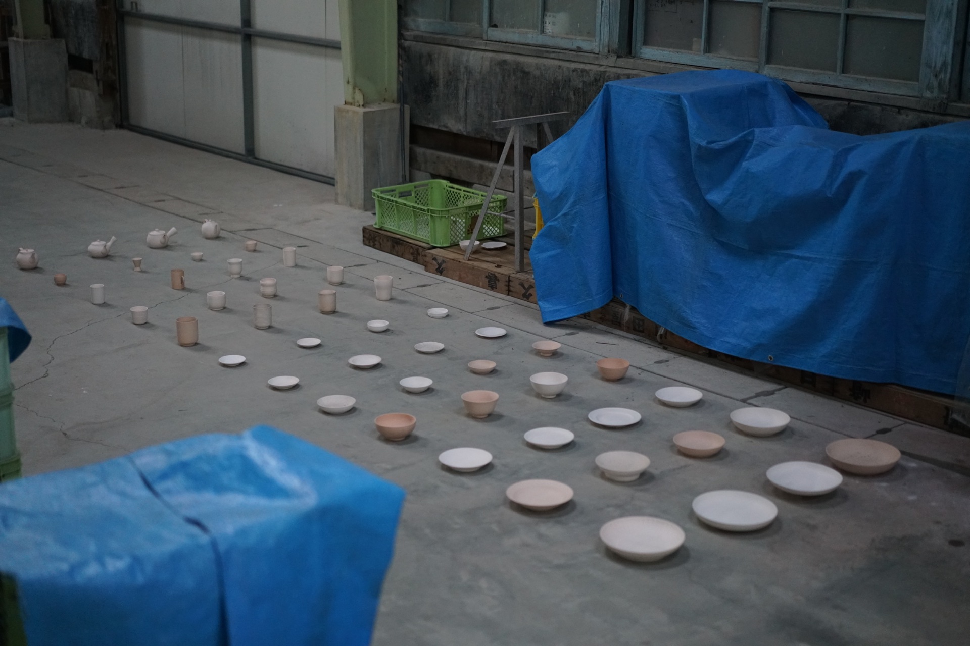 Kiji Arita — 2019 — Selection of leftover bisque-fired ceramic pieces prepared for repurposing. — by Sander Wassink — photo Sander Wassink